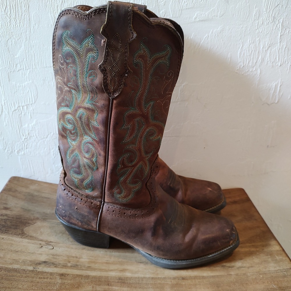 Justin Stampede Square Toe Western Brown Leather Boots Women Sz 8 Embroidery